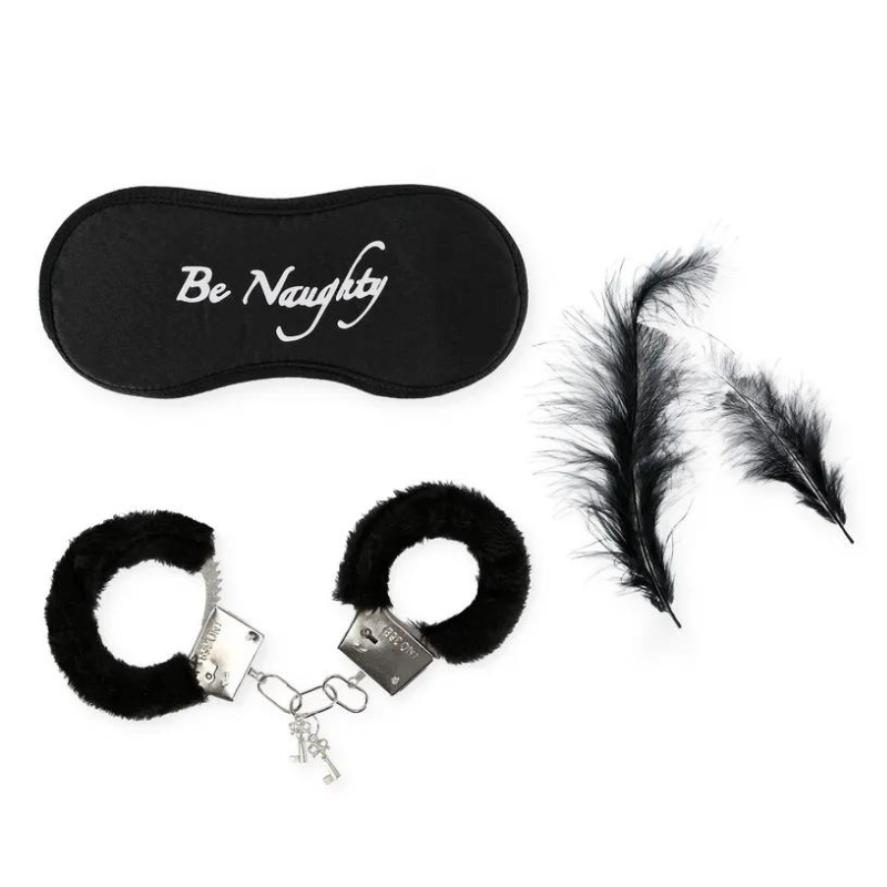 Set esposas + Antifaz + Plumas Negro
