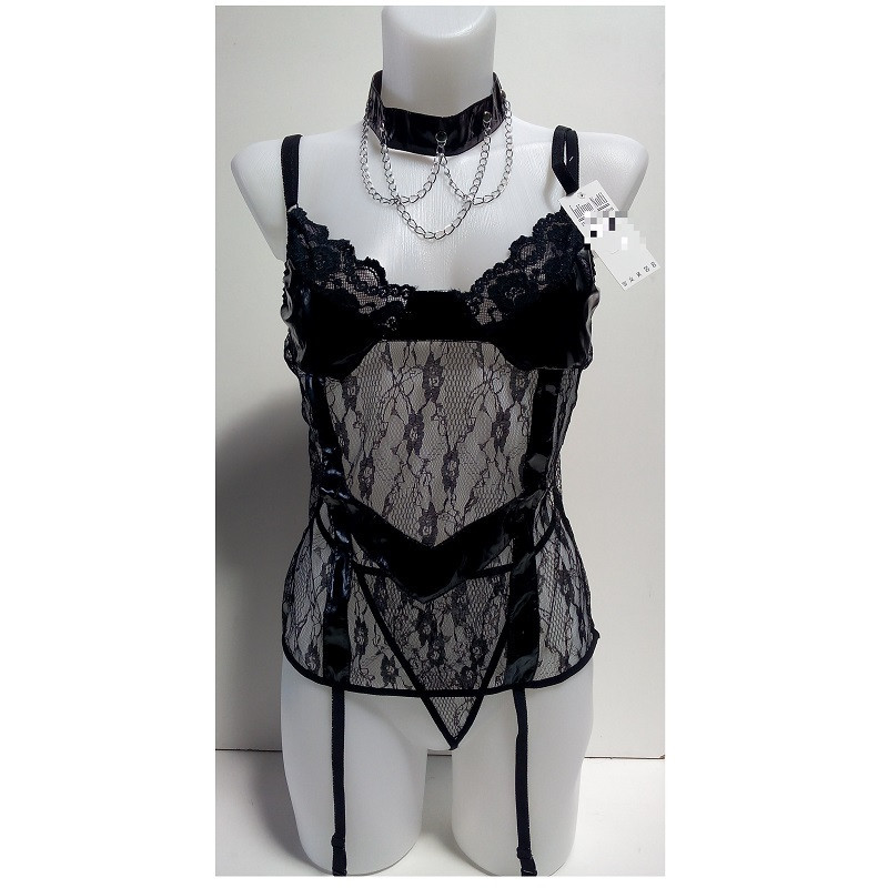 Conjunto Encaje Negro con Liguero y Collar de Cadenas