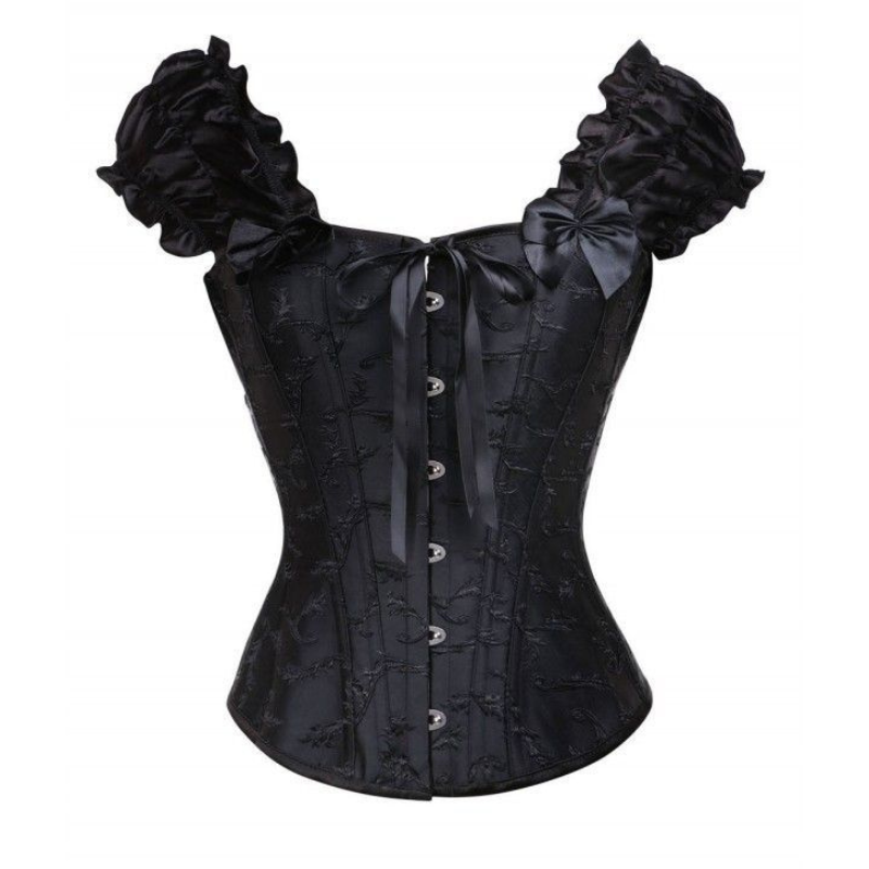Corset y Tanga Negro Brocado Varillas