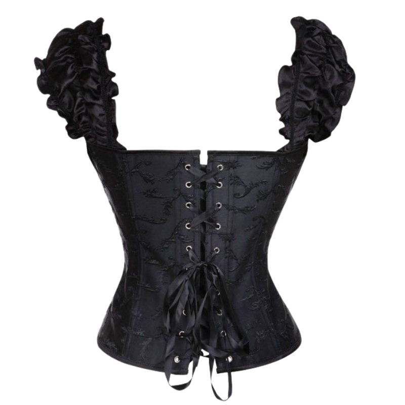 Corset y Tanga Negro Brocado Varillas