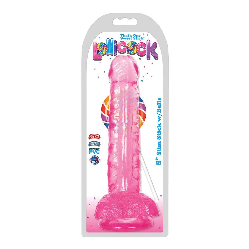 Dildo Lollicock Slim Stick 8" Rosa Con Testículos
