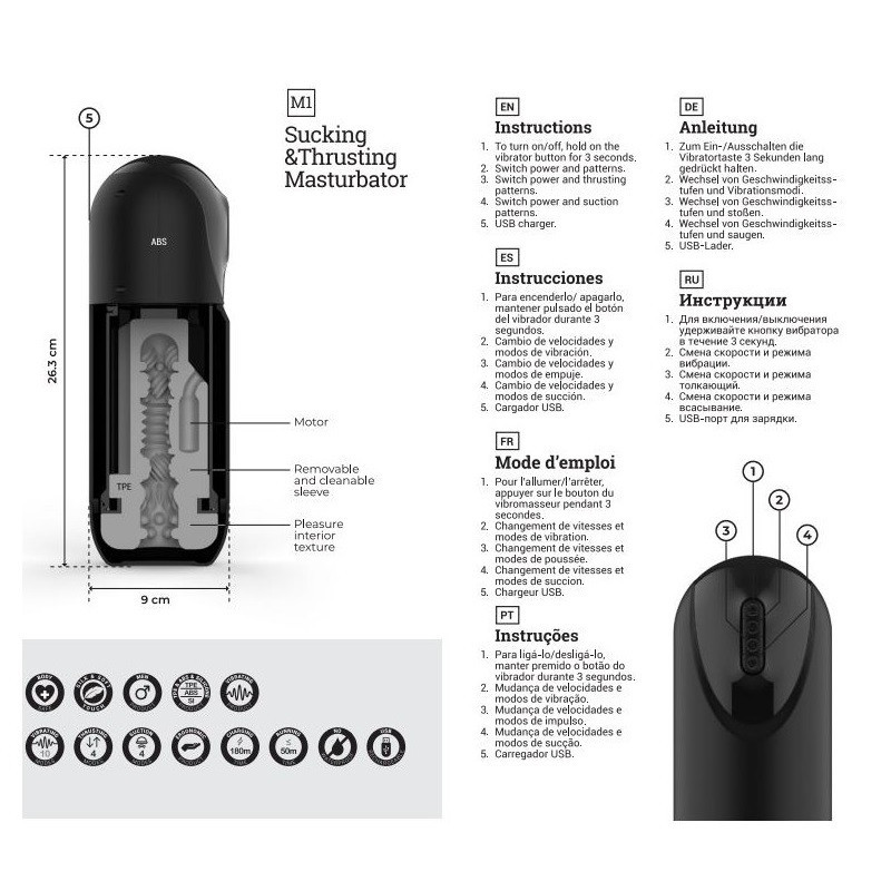 Masturbador Masculino Recargable impulsor Vibrador Succionador Virgite