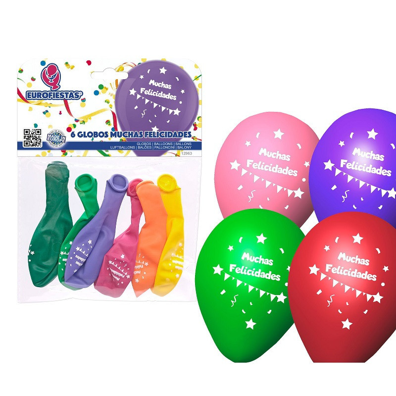 Pack 6 Globos Muchas Felicidades Colores